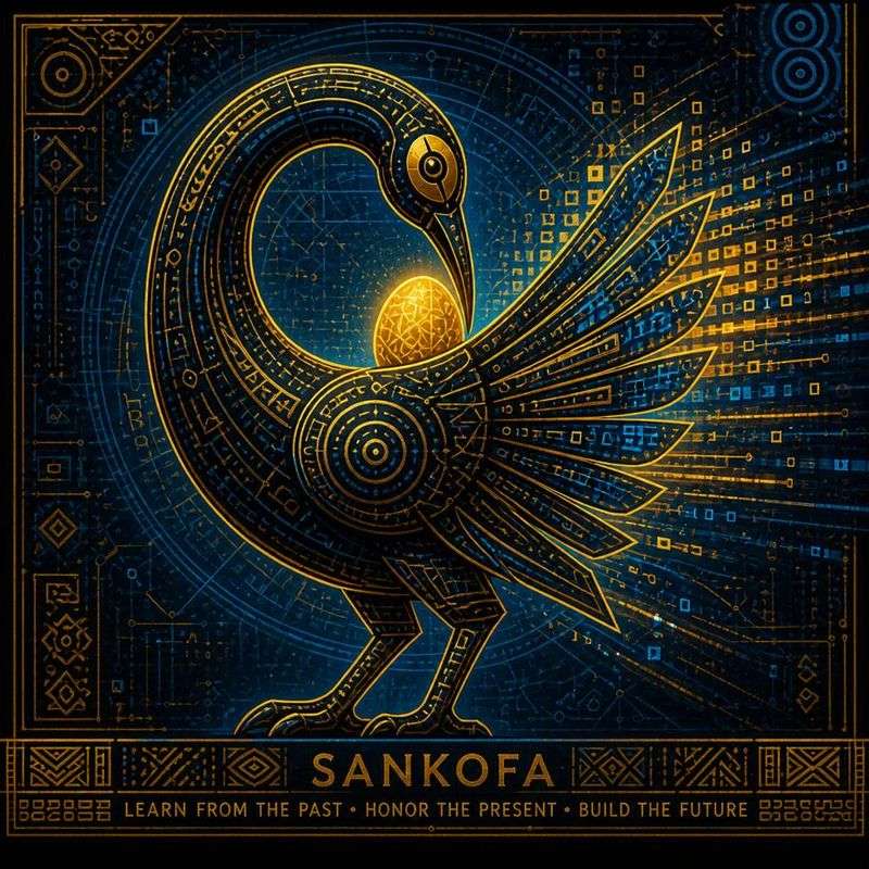 A golden Sankofa bird reaching back for an egg